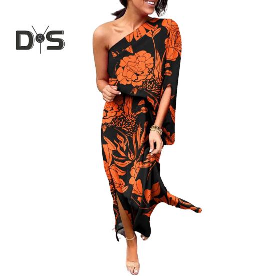 Women's One Shoulder Maxi Dress Batwing Sleeves Floral Printed Split Long Dress Pleated High Waist Cocktail Party Dress