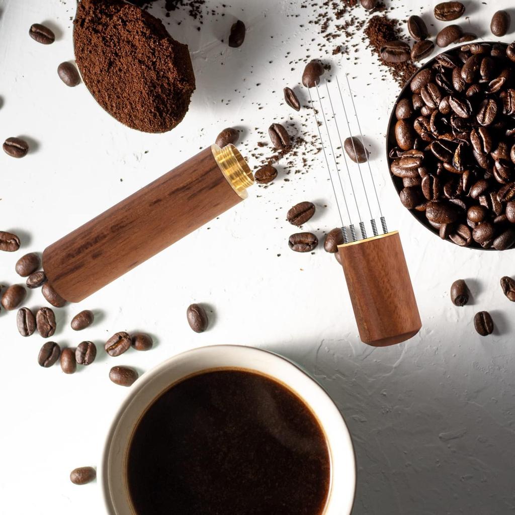 6-Needle Espresso Distribution Tool – Coffee powder distributor, 0.4mm Pins to Break Up Clumps & Prevent Channeling, Wood Handle