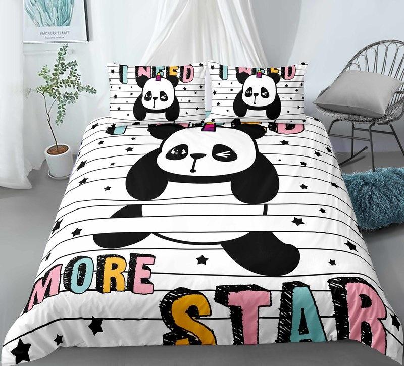 3D Cartoon Panda Duvet Cover Set Cute Panda Comforter Cover Bamboo Black White Bear Polyester Bedding Set for Boys Girls Teens