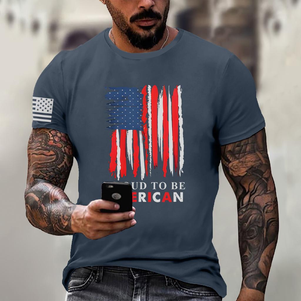 Men's Fashion Casual Short Sleeve Round Neck Independence Day Flag T-Shirt Top