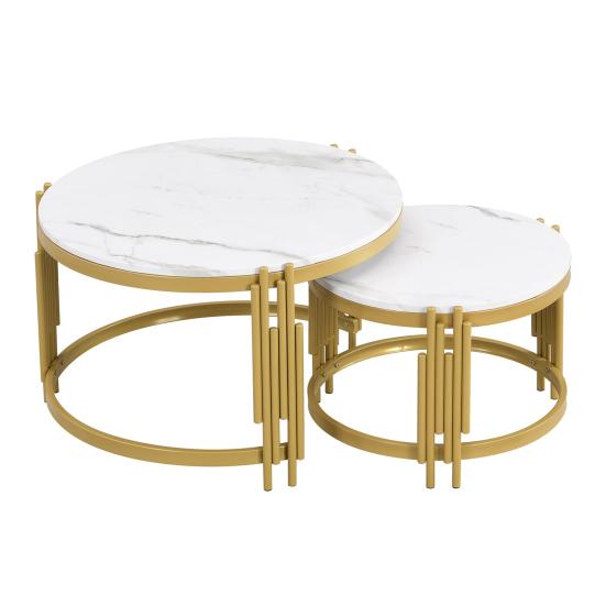 Sofa Side Table Modular Coffee Set, Marble Look, Golden Metal Frame, Round Tea Tables in Two Sizes, Nesting Table, Set of 2