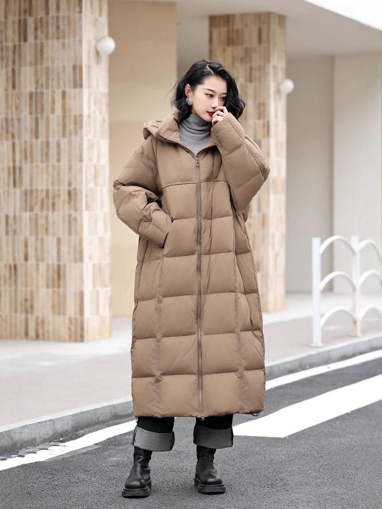 Dam 2025 Vinter Lång Dunjacka med Huva - Koreansk Stil, Tjock, Enfärgad, Kappa över Knäna