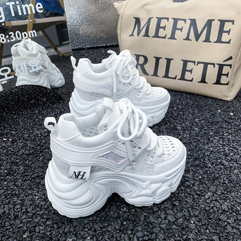 Fashion 9CM New 2025 Chunky Leather Sneakers Summer Casual Vulcanized Shoes Woman High Platform Breathable Mesh Sneakers Sport Dad Shoes