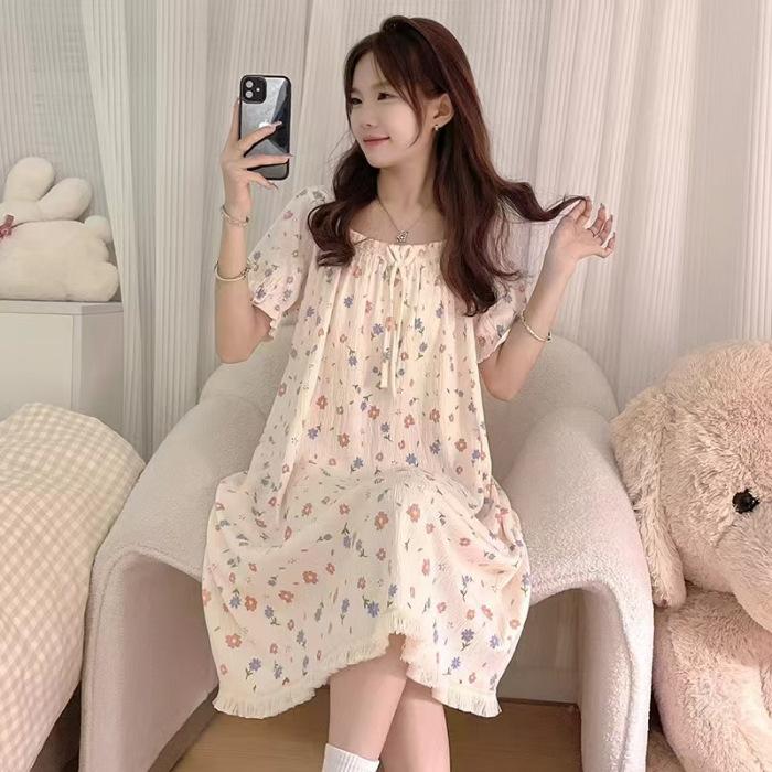 

Cloud cotton summer new nightgown women s one-word collar sweet and cute short-sleeved dress girl fringed loungewear 2 code (xl-xxl)