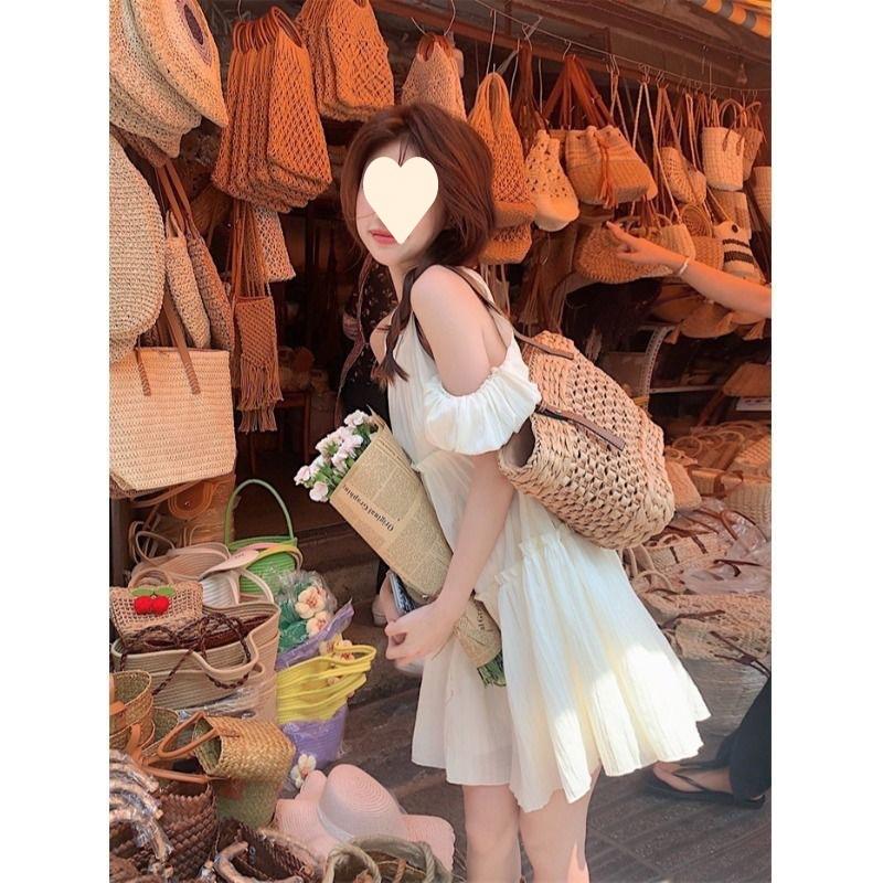 Sweet round neck off-the-shoulder short-sleeved dress for women's summer new gentle wind age-reducing a-word skirt ins