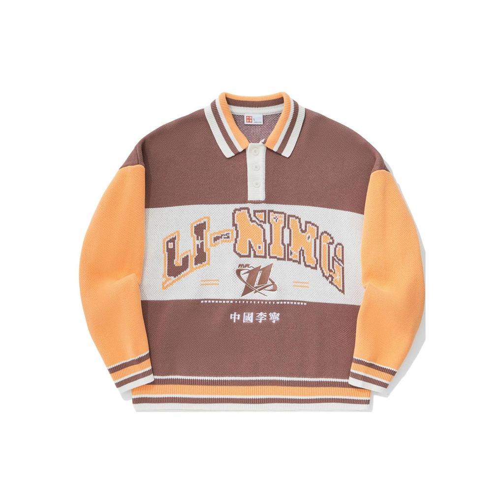 Li Ning Color Block Logo Print Loose Pullover Long Sleeve Knit Sweater Unisex sweater Mud-Gray Brown Papaya-Orange AMBU063-1