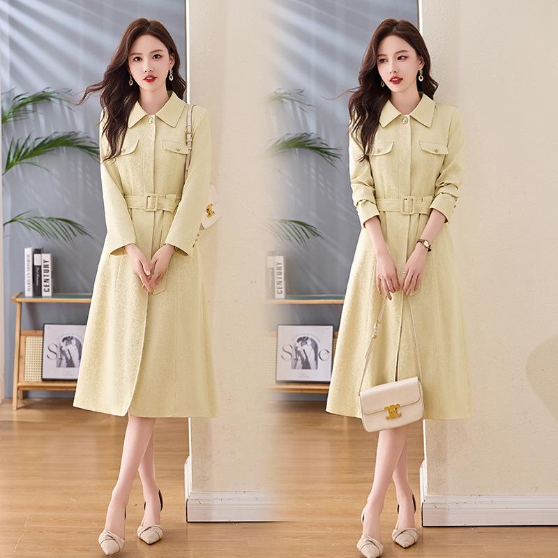 

2025 Весеннее женское приталенное платье с длинным рукавом и лацканами, с поясом NY2553 Medium (45-55 kg) жёлтый