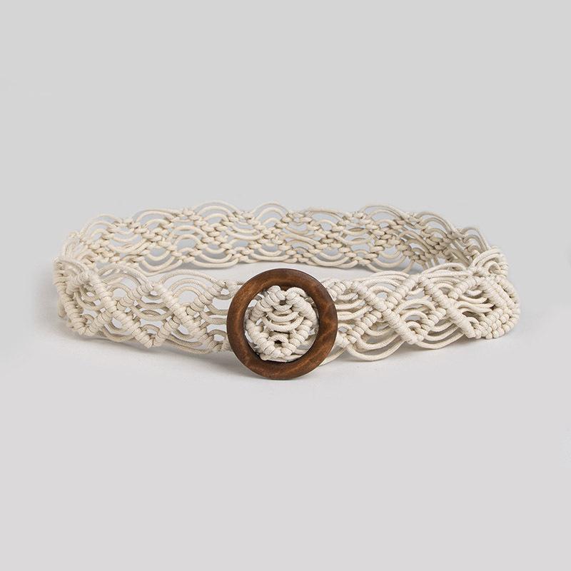 Bohemian Belt, Ethnic Style Woven Handcrafted Women's Belt, Casual Vacation Style, Exquisite Round Wood Buckle Women's Waist Rope