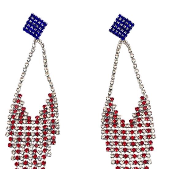1 Pair Independence Day Tassel Drop Earrings Red Blue Rhinestone Sparkling Stud Earrings USA