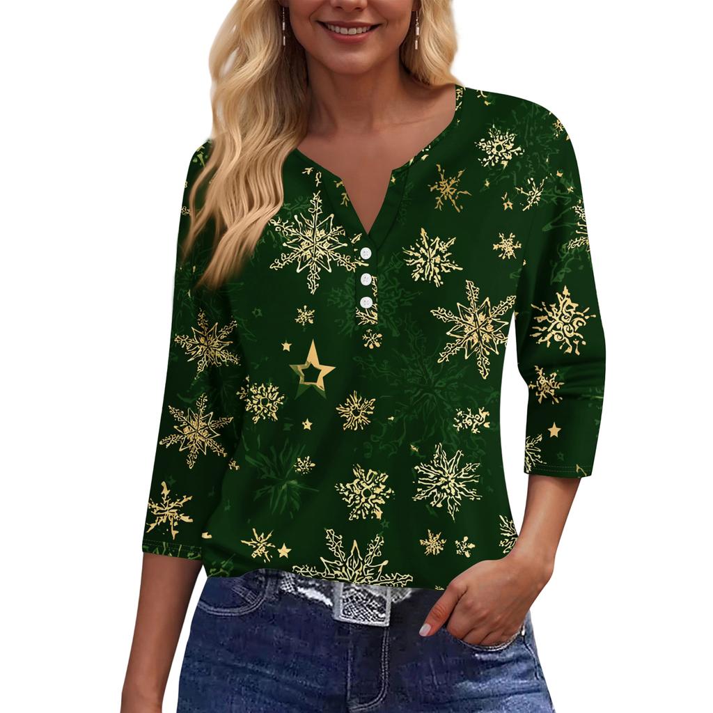 Dámský ležérní módní top s výstřihem do V, volný, všestranný, s vánočním potiskem, tříčtvrteční rukáv