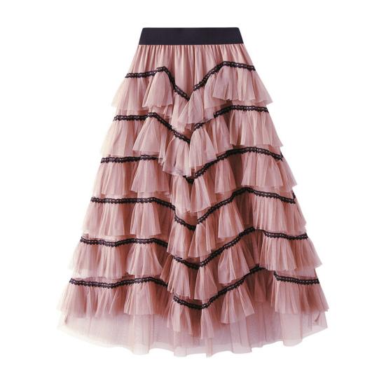 Women Skirt High Waist A-line Big Swing Ruffle Contrast Color Scattered Hem Pleated Patchwork Princess Style Elastic Waist Ankle Length Maxi Skirt