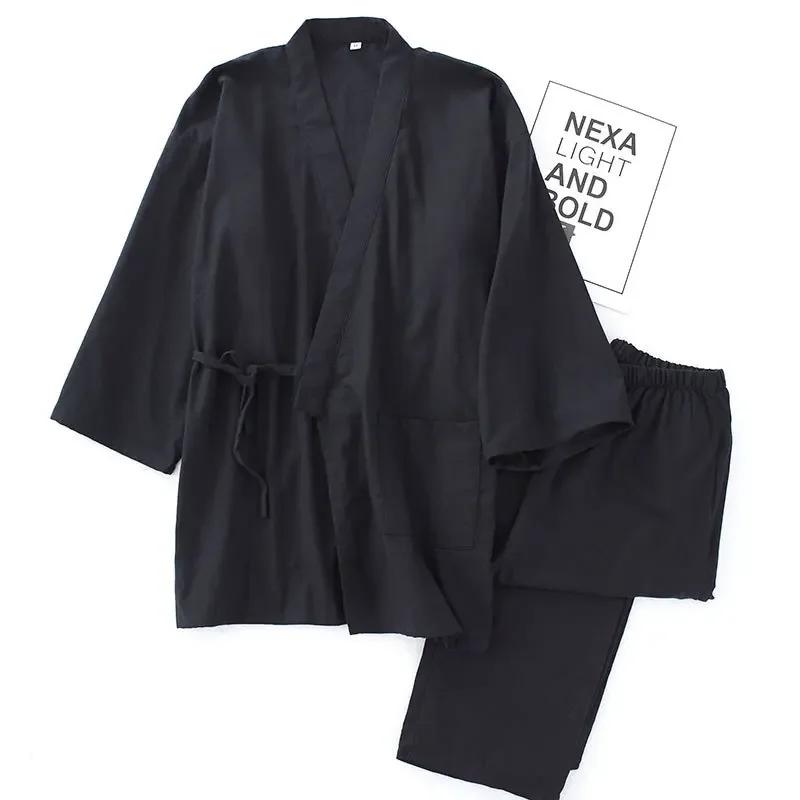 

Men s Cotton Kimono Robes Pajamas Clothes Thin Spring and Summer Home Clothes Loose Casual Men Robe Sets S чёрный
