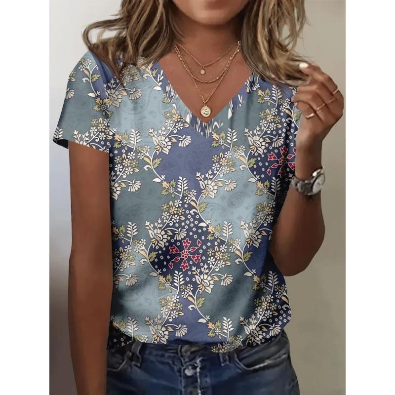 Summer Women's 3D Printed V-Neck T-Shirt Fashion Versatile Breathable Trend Casual