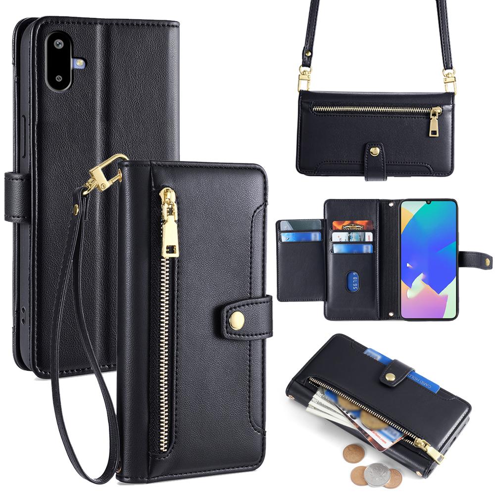 For Samsung Galaxy F06 5G Leather Case Zipper Pocket Wallet Phone Cover with 2 Straps