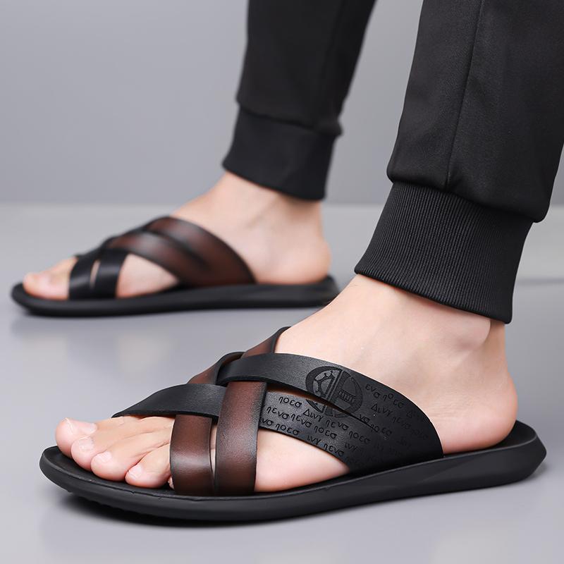 Herren Schwarz Leder Pantoffeln Handgemacht Einfache Flats Sommer Weiß Outdoor Römische Sandalen Offene Zehe Strandschuhe Übergröße