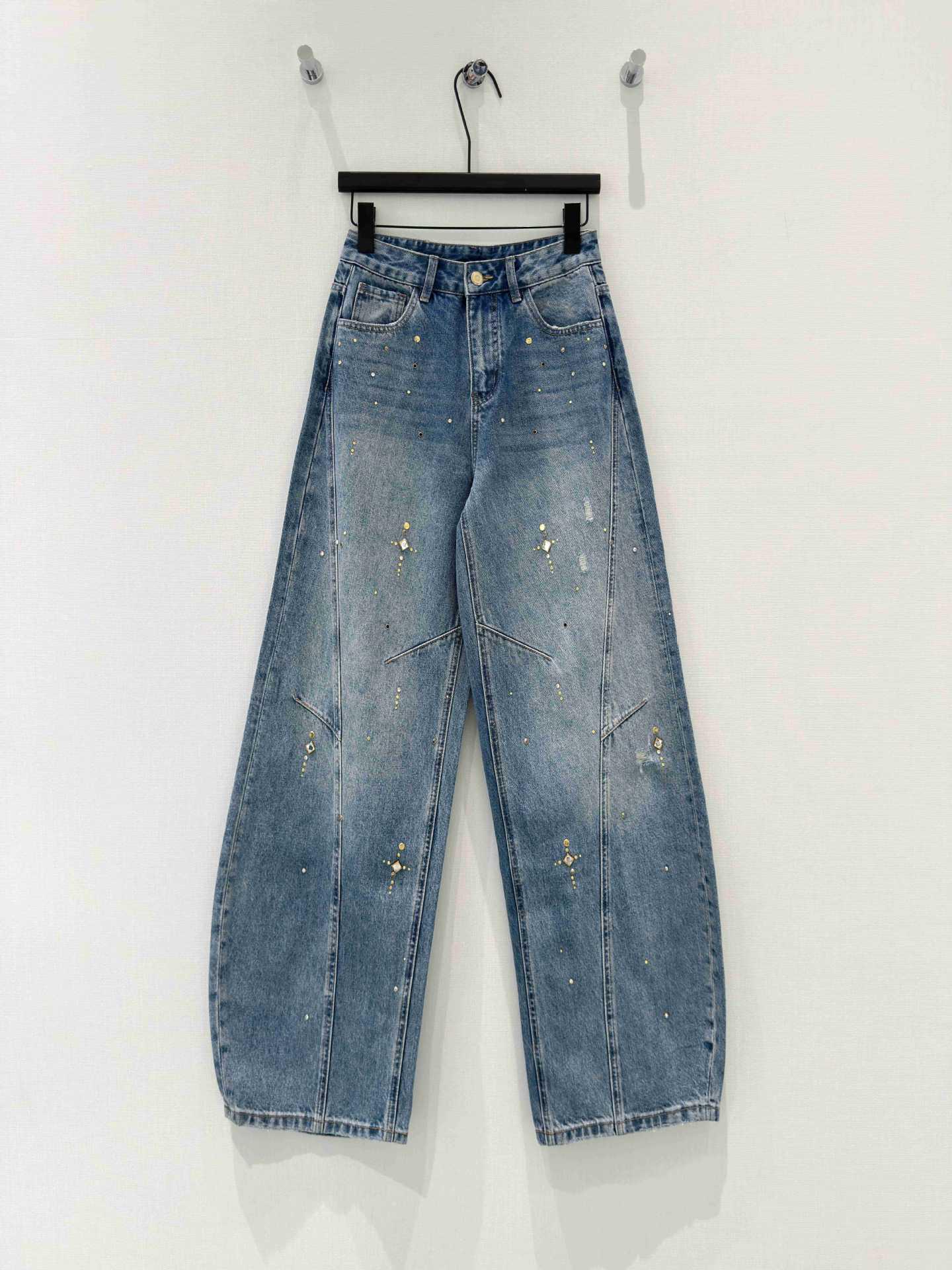 Nanyou Custom High-End Wide-Leg Jeans with Rhinestone Accents - Curved Leg, Versatile, Leg-Lengthening Women s Spring Pants Small синий