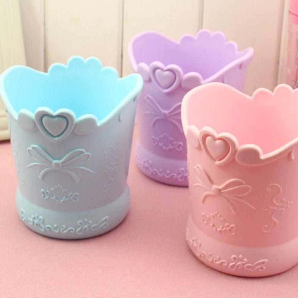Candy Color Cute Bow Pencil Holder Heart Stationery Container Kawaii Carved Pen Case  Student