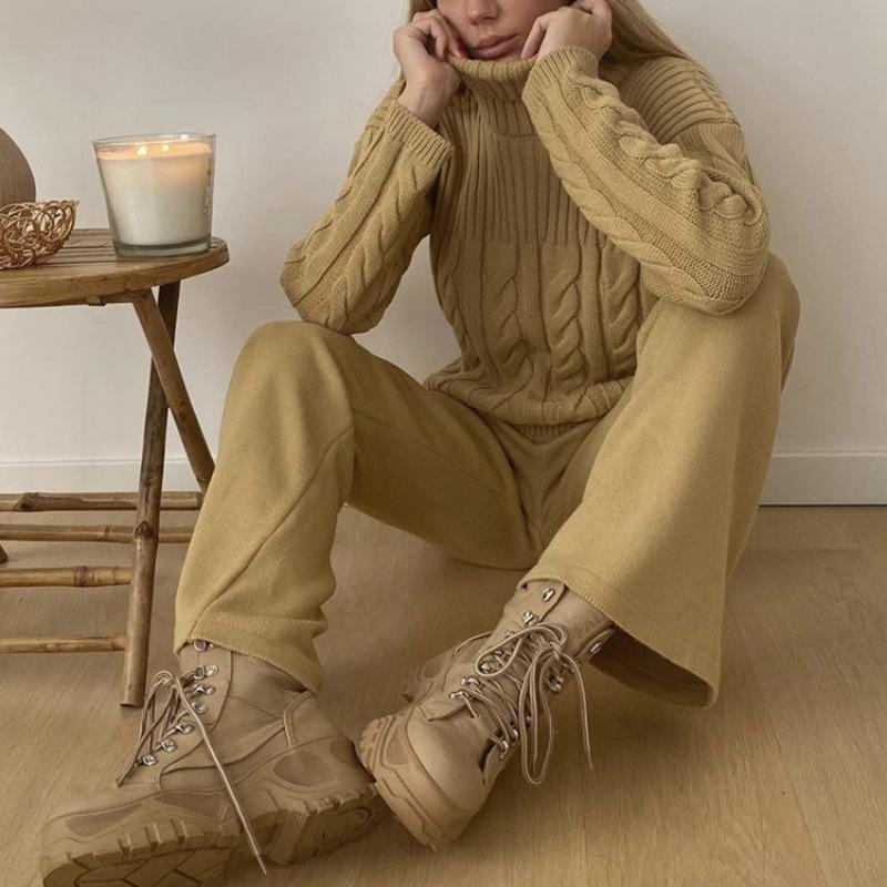 2023 Women's Knitted Cable Knit Two-Piece High Neck Sweater Set