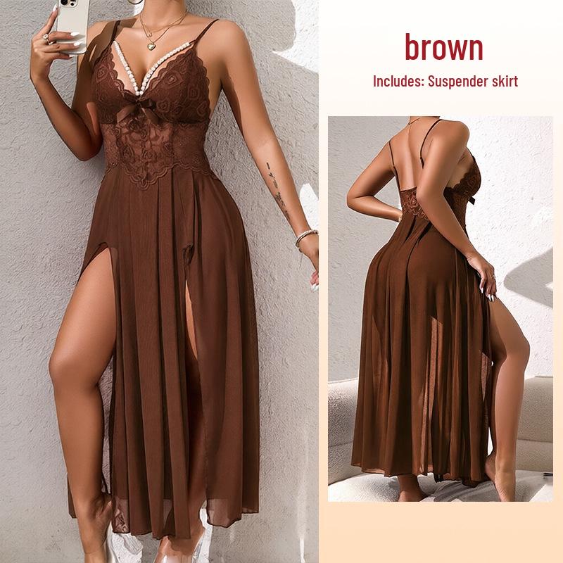 Pearl Embellished Backless Multicolor Mesh Nightgown with Side Slit - 898