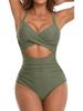 European American Color Block Spliced Cutout One-Piece Swimsuit with Adjustable Cross Tie-Up.