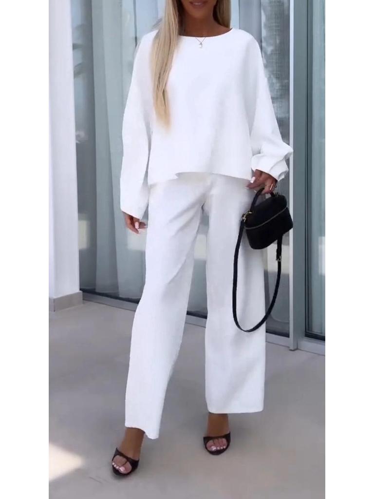 Autumn 2025 Women's Solid Color Round Neck Two-Piece Set with Long Sleeve Top & Elastic Waist Pants
