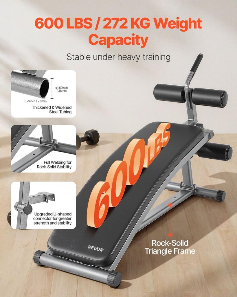 Sit Up Bench, Curved Decline Ab Bench with Reverse Crunch Handle, with 6 Adjustable Height Setting, Heavy Duty Steel, 272 Kg Capacity for Home Gym