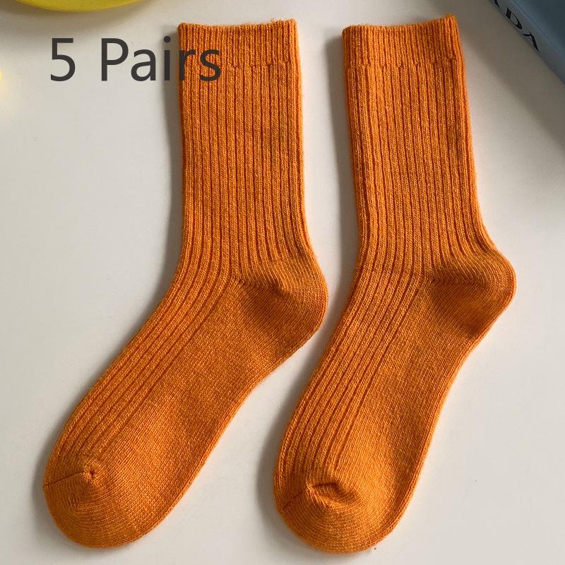 5 Pairs of Women Autumn and Winter New Solid Color Wool Retro Warm Tube Stack Socks