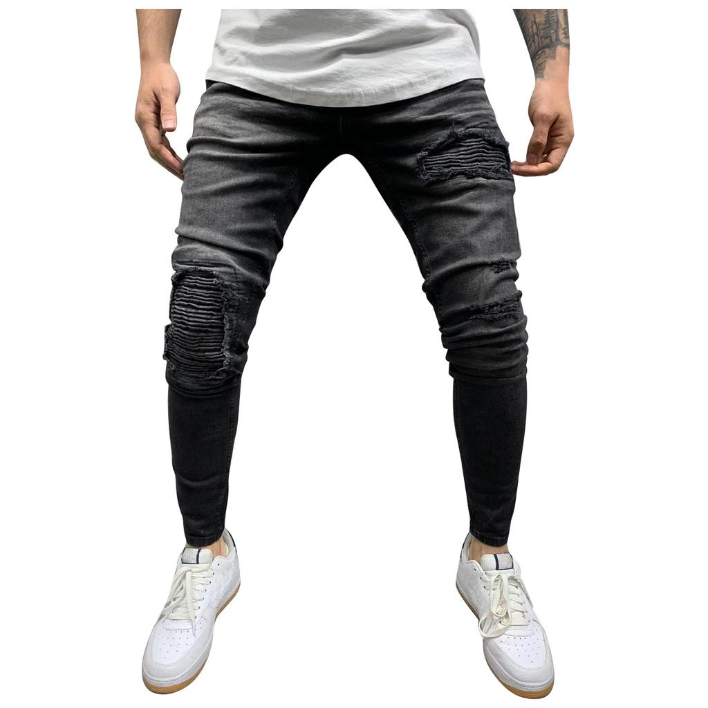 Pantaloni jeans da uomo con cerniera a righe in denim con foro vintage lavaggio hip-hop da lavoro