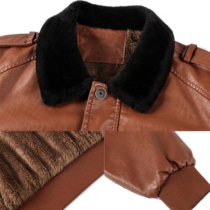 Men's Winter Leather Jacket Casual Fur Turn Down Collar Retro PU Flight Jackets Man Fleece Warm Faux