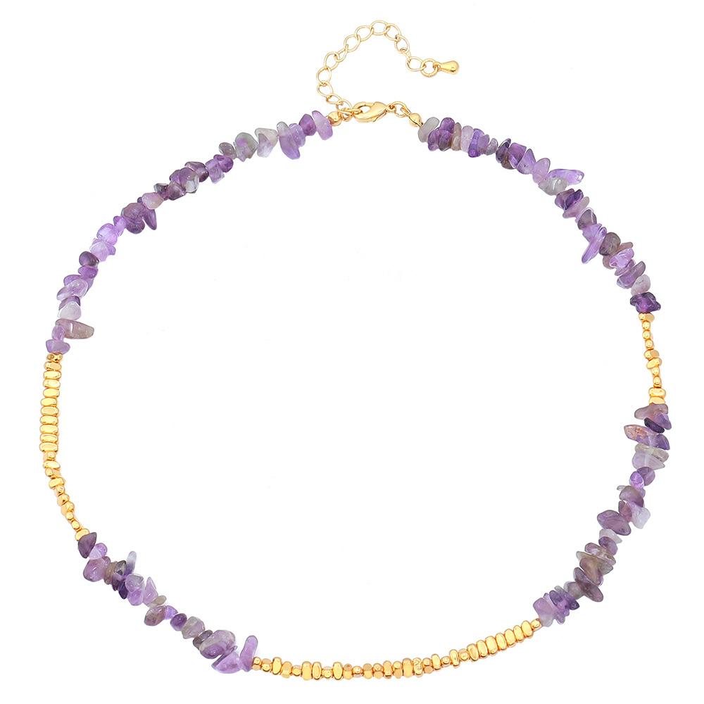 GEMCHIC Women s Natural Purple Amethyst Chip Beaded Necklace and Bracelet Set Gold Tone Irregular Geometric Style