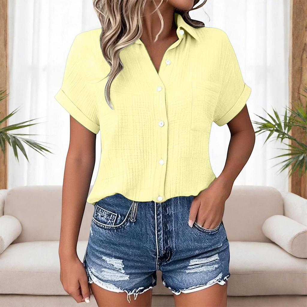 Women's Point Collar Short Sleeve Blouse Straight Fit Streetwear Button Down Shirt Solid Color Casual Summer Top 2026 European Fashion Blouse