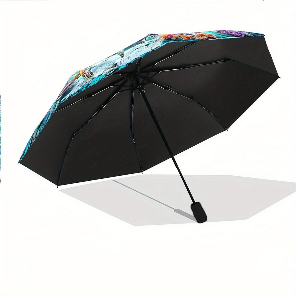 Automatic Folding Umbrella with Underwater Coral Reef Design - Vibrant Turtles & Fish Scene, Portable Collapsible for All Seas