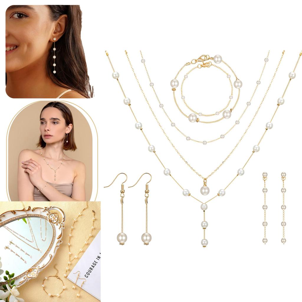Lightweight French Pearl Necklace And Earring Set With Geometric Design For Elegant Women