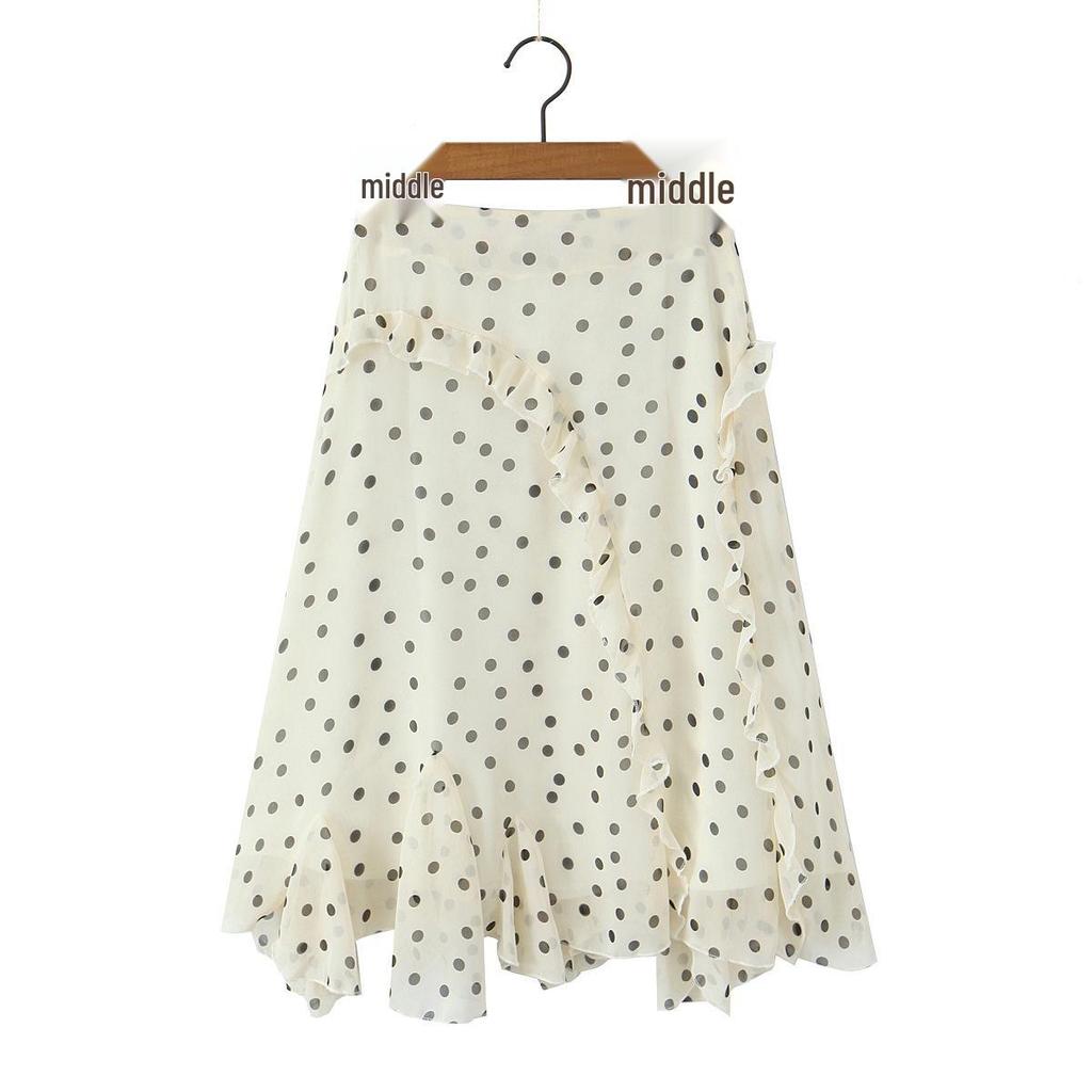 French Polka Dot High-Waisted Ruffle Midi Skirt for Women - Korean Style Spring/Summer