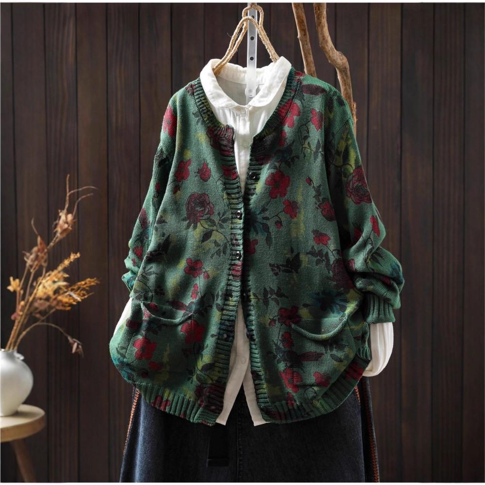 Johnature Women Vintage Print Floral Sweaters Print Floral O-Neck Long Sleeve Knitted Autumn Loose Casual Sweaters