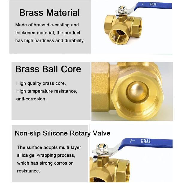 Brass Three-way Ball Valve, 1" DN25 Tap T-Type Female Thread Full Port for Water, Oil and Steam, 1 Inch