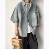 Unisex Japanese Retro Washed Denim Shirt - Short-Sleeved Distressed Summer Jacket