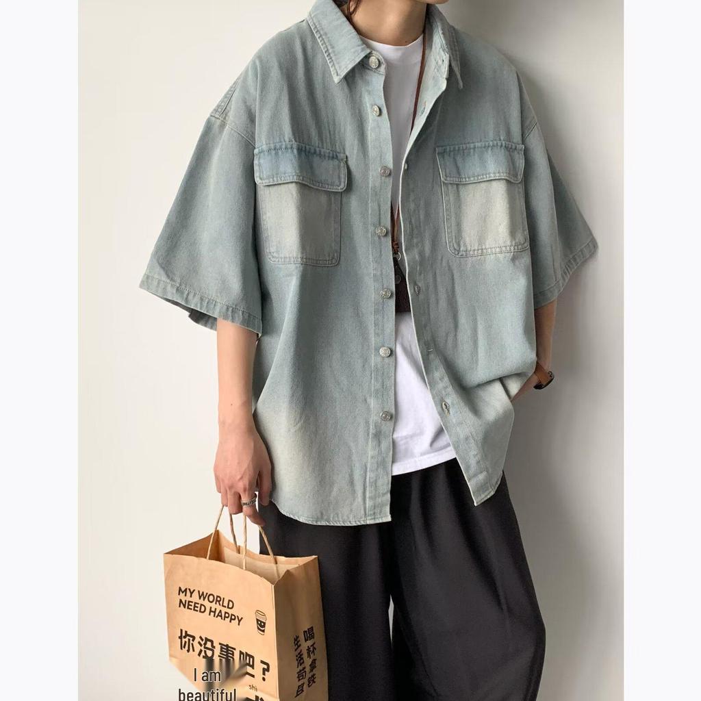 Unisex Japanese Retro Washed Denim Shirt - Short-Sleeved Distressed Summer Jacket