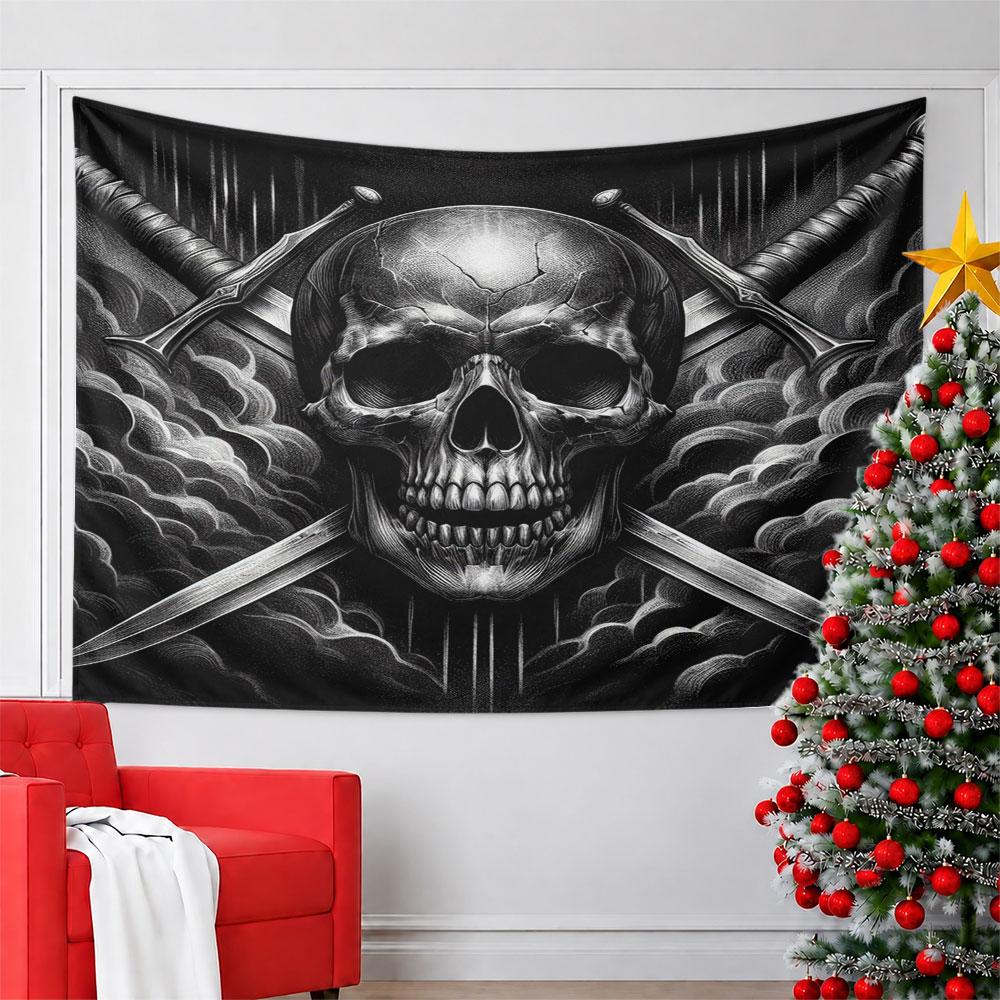 Skull with Crossed Swords in Dark Clouds Pattern Wall Hanging Tapestry Decorative Tapestry Home Decor for Bedroom and Living Room