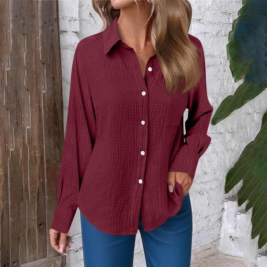 Women's Fashion Casual Solid Color Split Button Long Sleeve Shirt Top