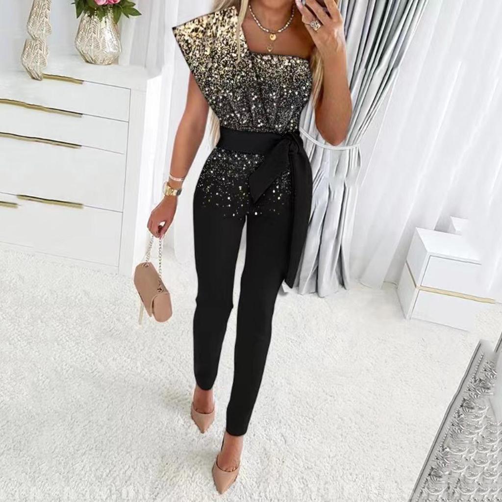 2026 Summer Luxurious Sequin One-shoulder Jumpsuit: A Chic Socialite Style