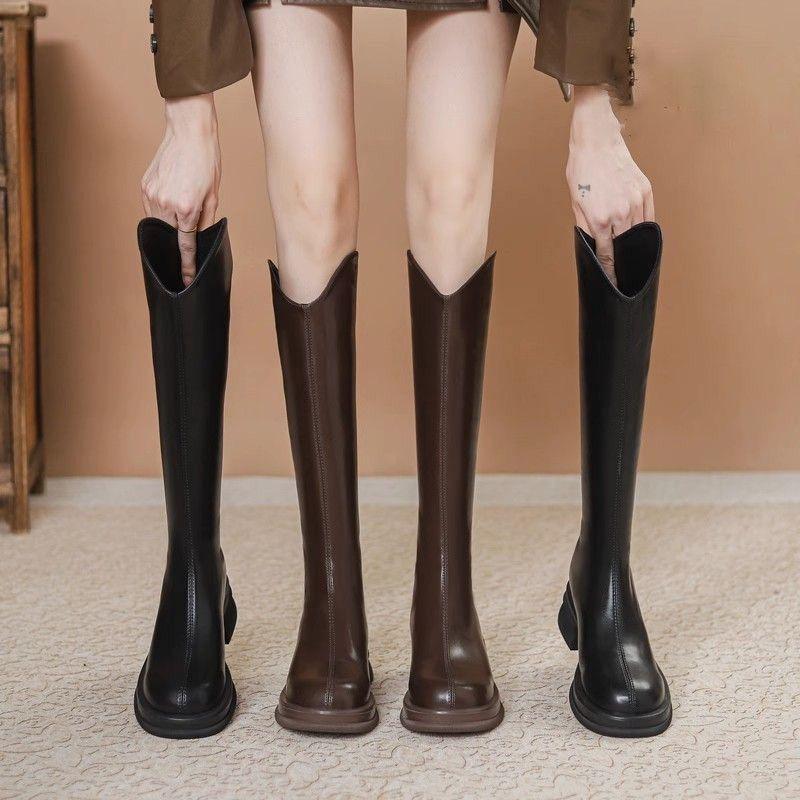 Legs thin high boots thick sole high French black V-mouth knight boots women's 2025 autumn and winter new round head thick heel