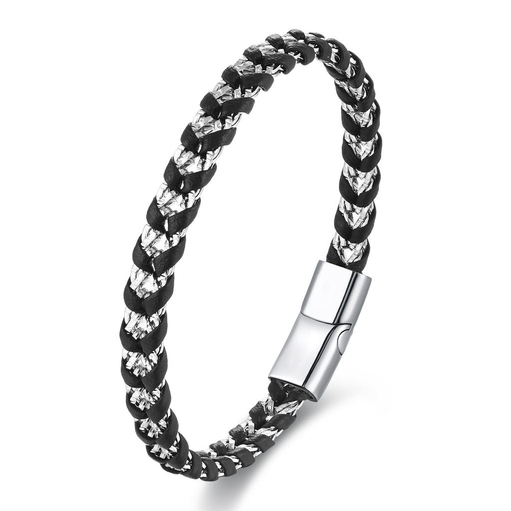 Men's Black Leather Bracelet Stainless Steel Double Layer Braided Wristband Fashion Handmade Cowhide Rope Jewelry Accessories