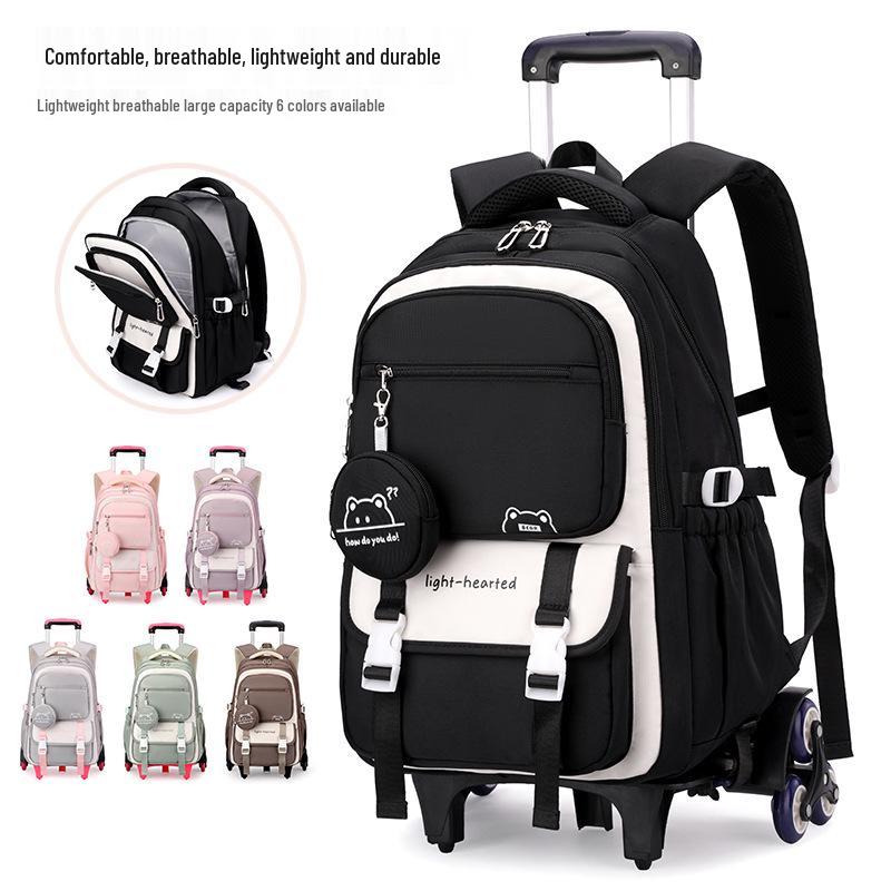 Natural Fish Design Trolley Backpack for Middle School Girls - Large Multi-Layer Capacity