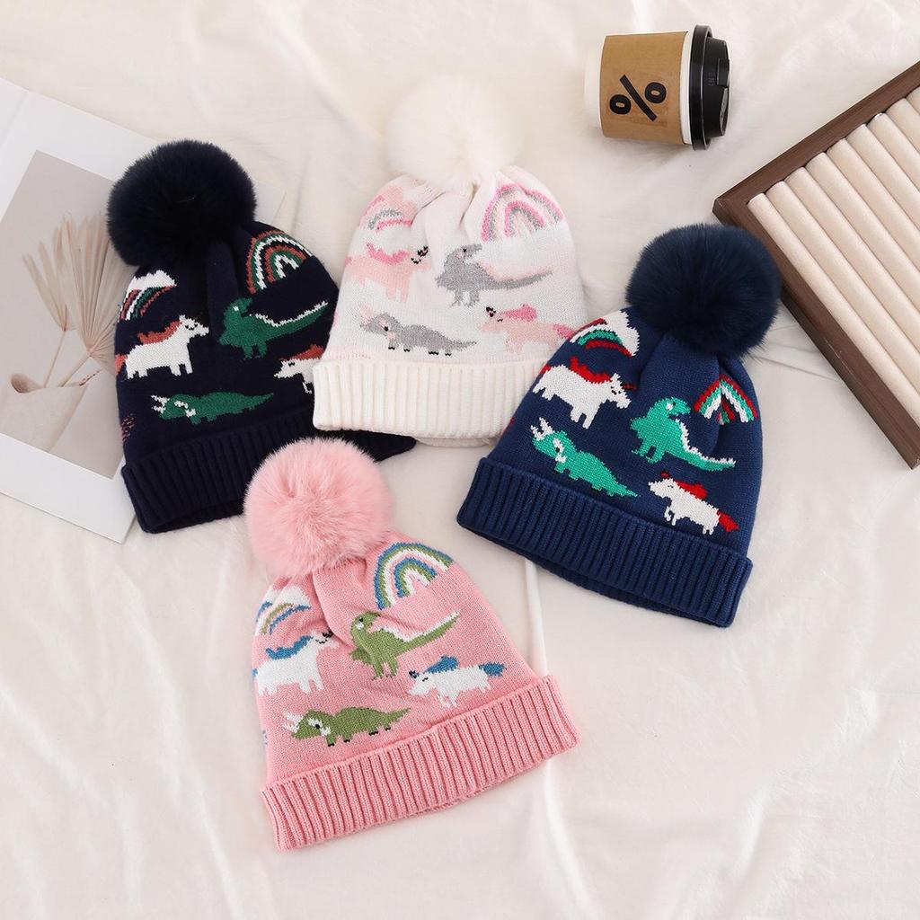 Children's Cute Dinosaur Fleece-Lined Knitted Wool Hat for Autumn & Winter