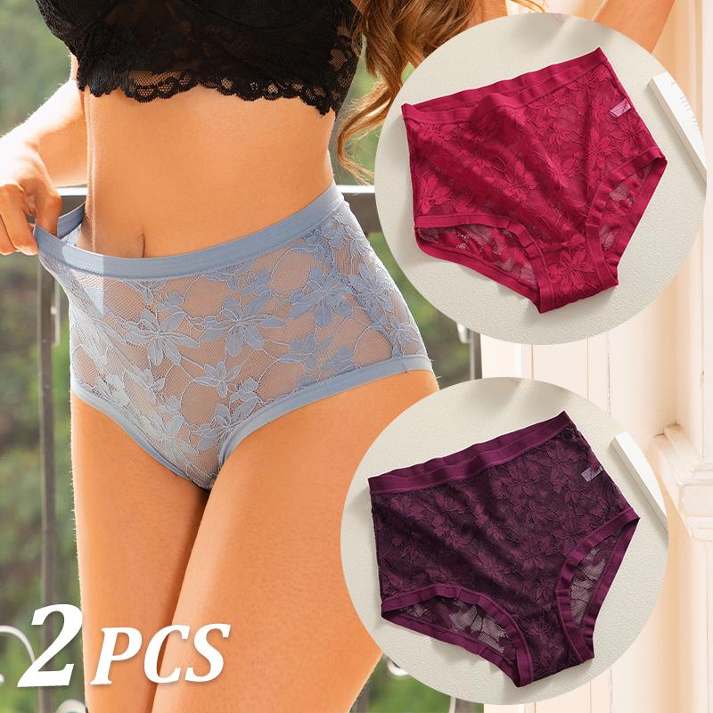 FINETOO 2Pcs Sexy Floral Lace Panties High Waist Lace Briefs Hollow Out See-Through Romantic Lingerie Fashionable Underpants Underwear