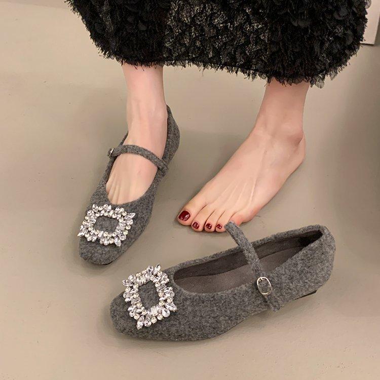 

French square head rhinestone fluffy shoes, velvet cotton shoes, gentle temperament, advanced sense, low heels, Mary Jane shoes, single shoes 39