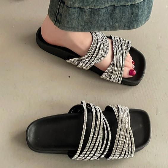 Rhinestone Cool Slippers Open-toed Flat-bottomed Roman One-word Slippers Women's 2025 Summer New Strap Versatile Casual Rhinestones