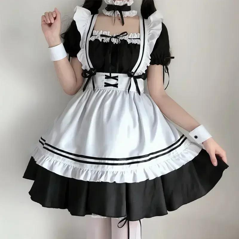 Set Vestito da Cameriera Gothic Lolita Donna Costume Cosplay Anime Orecchie e Coda di Volpe Nere Bianche Guanti Costume di Carnevale Halloween Festa