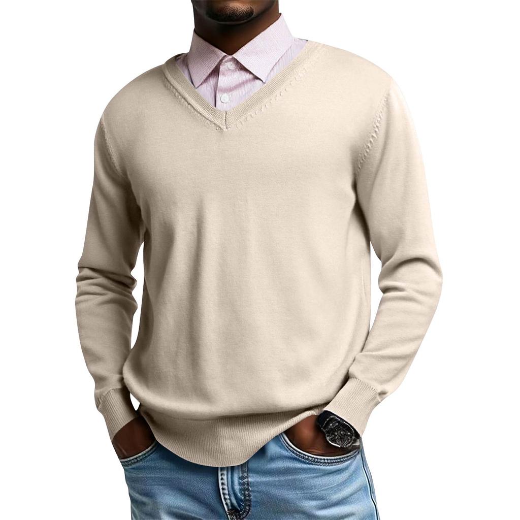 Męski dzianinowy top z dekoltem V i długim rękawem, codzienna wygoda, bluzka z długim rękawem